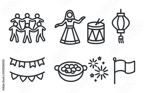 Cultural festival outline icons set – linear, celebration, traditional symbols