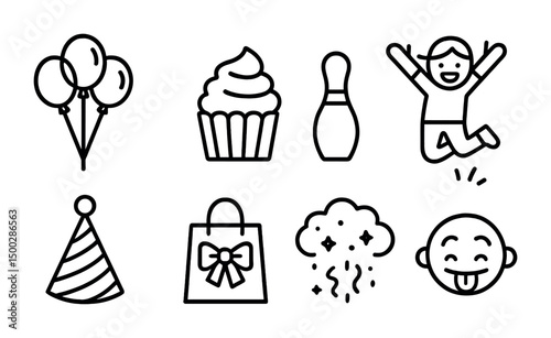 Celebration and party line icons set – outline, festive, event decorations