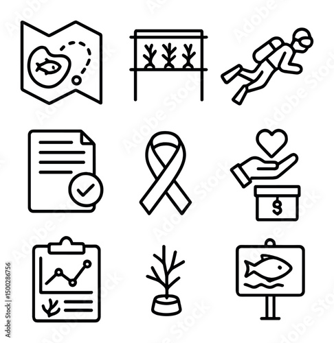 Conservation Icon Set. Outline icon set of cardiopulmonary resuscitation team: CPR hands, AED device, airway tube, backboard,
