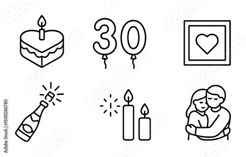 Birthday celebration outline icons set – linear, festive, party symbols