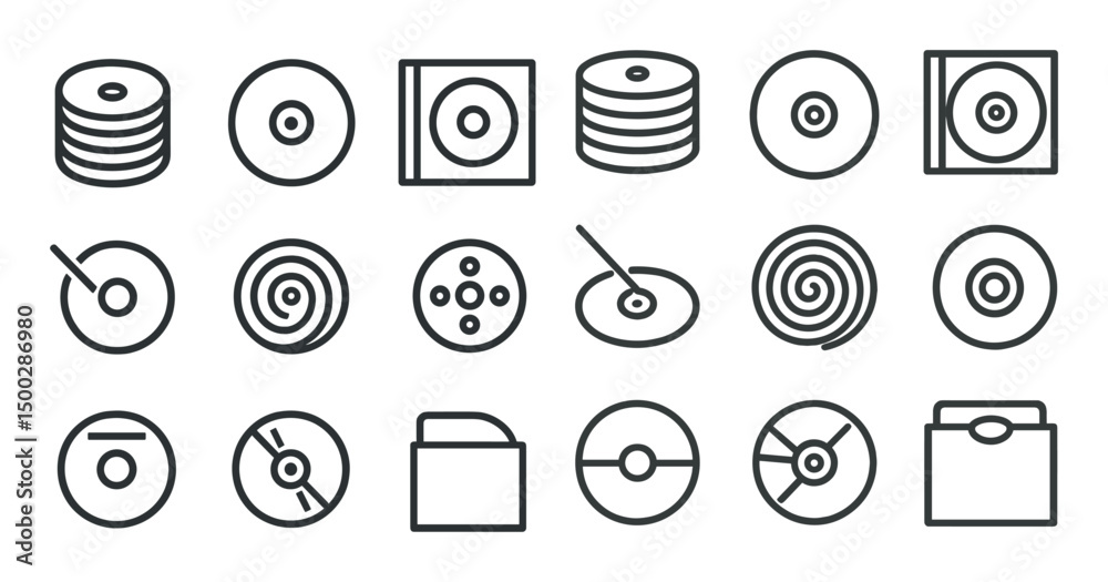 Music and media icons set – outline, linear, audio and cd storage graphics Music and media icons set – outline, linear, audio and cd storage graphics