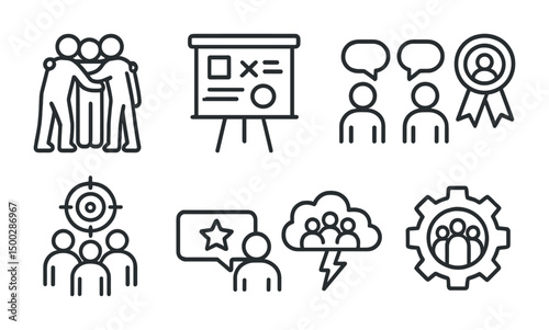 Teamwork collaboration line icons set – flat, outline, business and communication symbols