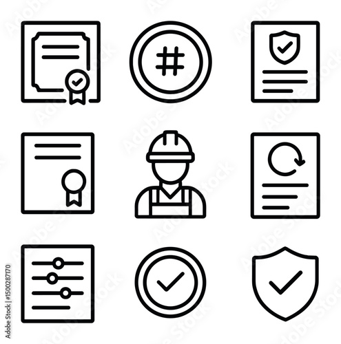Contractor Licensing Icons. Outline icon set of contractor licensing: license certificate, license number badge, insurance policy,