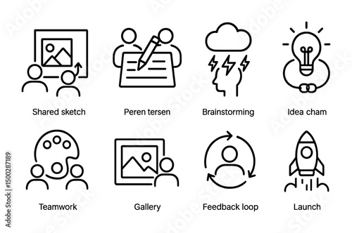 Business and teamwork line icons set – collaboration, brainstorming, innovation symbols
