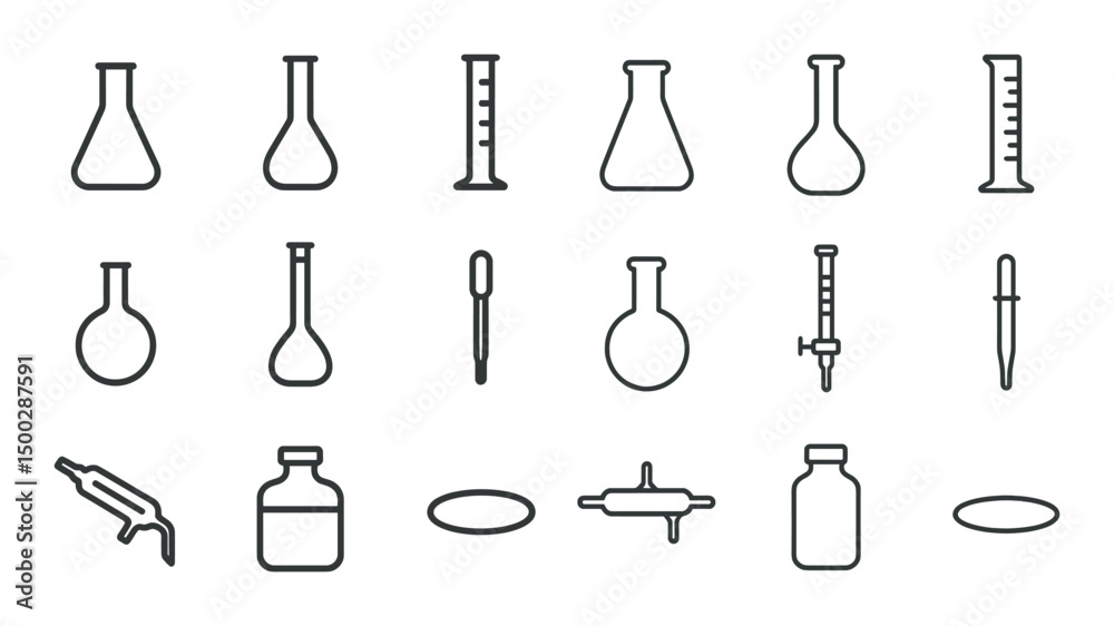 Chemistry and laboratory outline icons set – linear, scientific, experiment tools Chemistry and laboratory outline icons set – linear, scientific, experiment tools