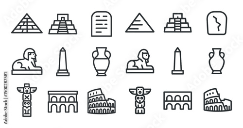Ancient civilization outline icons set – flat, historical architectural symbols
