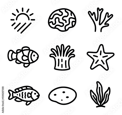 Coral Reef Icons. Outline icon set of sunlit coral reef: sunray, brain coral, staghorn coral, clownfish, sea anemone, starfish,