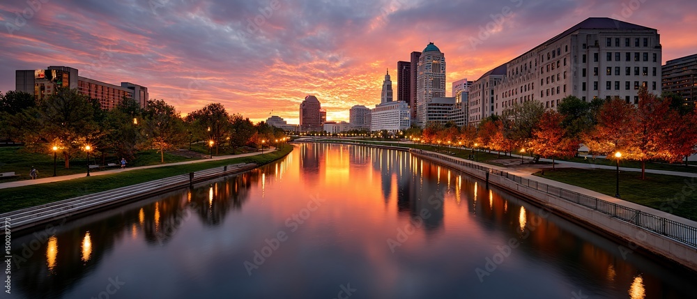 Fototapeta premium Cityscapes glow reflecting in river at dusk
