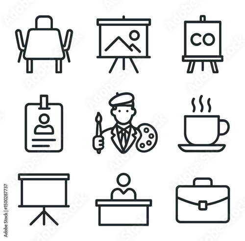 Corporate Painting Icon Set. Outline icon set of corporate painting event: conference table, presentation board, company logo on