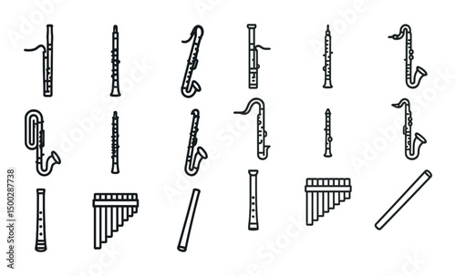 Woodwind instruments outline icons set – linear, musical, band symbols