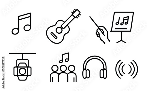Music linear icons set – outline, music notes, instruments, and sound symbols