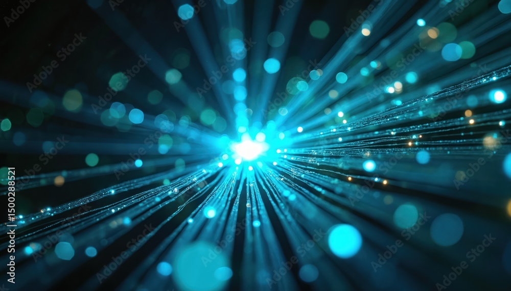 Obraz premium Glowing optical fibers radiating vibrant blue and green light against dark background. Photon tech, data transfer, internet, network, communication, innovation, connection. Digital age.