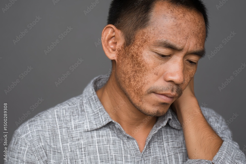 Fototapeta premium Hyperpigmentation, Melasma, Skin Condition Awareness Photo. Concerned man with skin discoloration, Gray Background.
