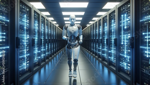 A humanoid robot walks through a futuristic data center filled with rows of illuminated server racks.
