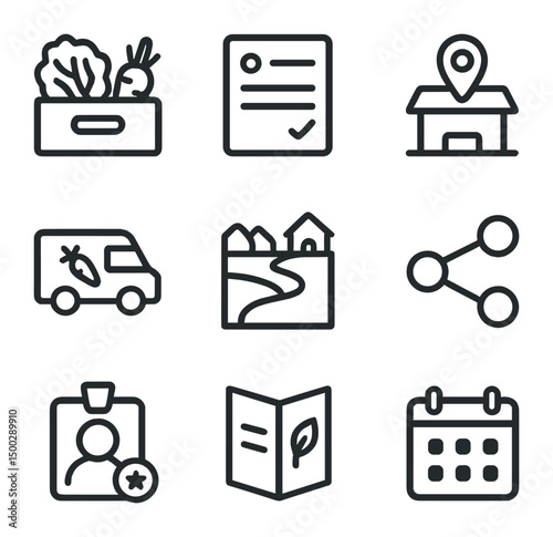 CSA Distribution Icons. Outline icon set of CSA distribution: CSA box, subscription form, pickup point, delivery van, farm map,