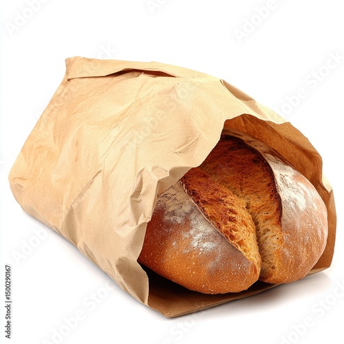 A loaf of crusty bread nestled in a brown paper bag