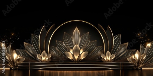 Luxurious, black and gold floral stage backdrop with glowing accents