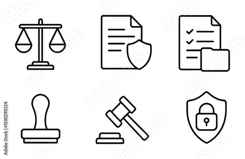 Legal and protection outline icons set – linear, law, security symbols