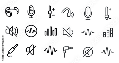 Audio and music outline icons set – linear, line, sound and microphone symbols
