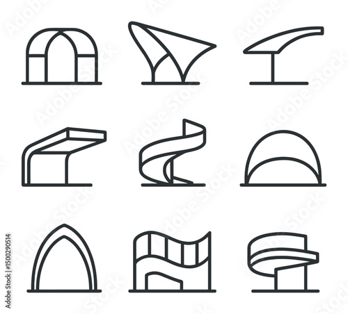 Curved Architectural Icons. Outline icon set of curved concrete architectural elements: barrel vault, shell roof, curved canopy,