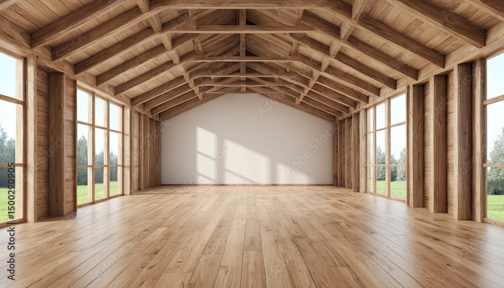 Fototapeta premium Spacious Wooden House Interior Design with Large Windows and Natural Light