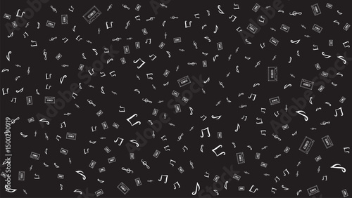 Seamless Retro Cassette Tape and Music Note Pattern on Black Background for Vintage Design