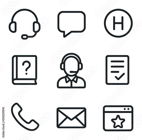 Customer Support Icons. Outline icon set of customer support: headset, chat bubble, help center, FAQ book, feedback form, phone