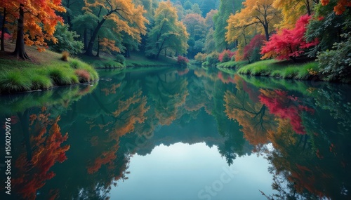 Intricate floral pattern reflected on calm lake surface, natural, soft, wallpaper