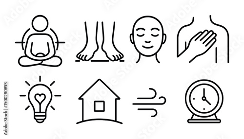 Wellness and relaxation linear icons set – mindfulness, health, self-care symbols