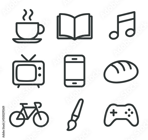 Daily Joys Icons. Outline icon set of daily joys: coffee cup, book, music note, TV, smartphone, bakery bread, bicycle, paintbrush,