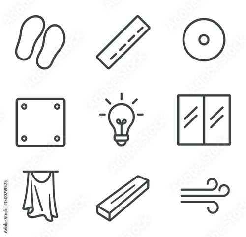 Dance Icon Set. Outline icon set of contemporary barefoot dance cues: foot pads, floor tape, lyrical heel marker, dance mat, mood