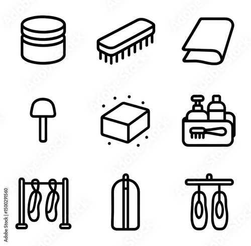 Dance Shoe Care Icons. Outline icon set of shoe care for dancers: polish jar, brush, cloth, heel replacement, rosin block,