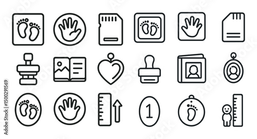 Baby and child growth outline icons set – linear, milestone, development symbols
