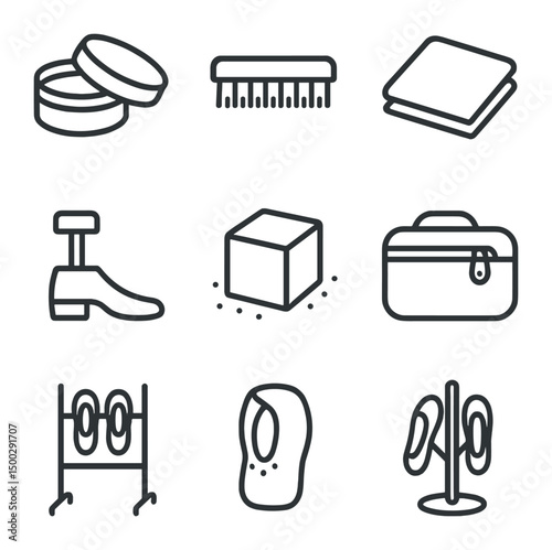 Dance Shoe Care Icons. Outline icon set of shoe care for dancers: polish jar, brush, cloth, heel replacement, rosin block,