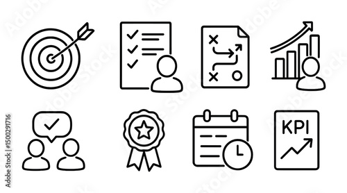 Business strategy outline icons set – linear, plan, management symbols