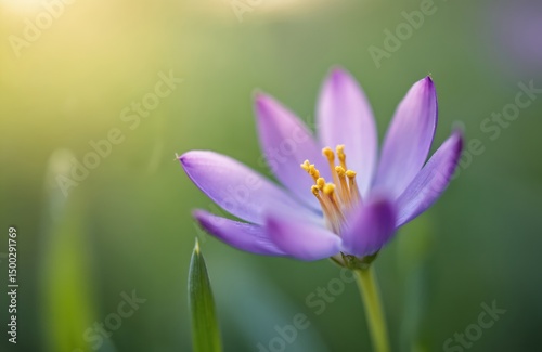 Close-up photo of purple Camas flower blooming in field. Beautiful wildflower with delicate petals and yellow stamens. Nature floral background, spring eco concept.