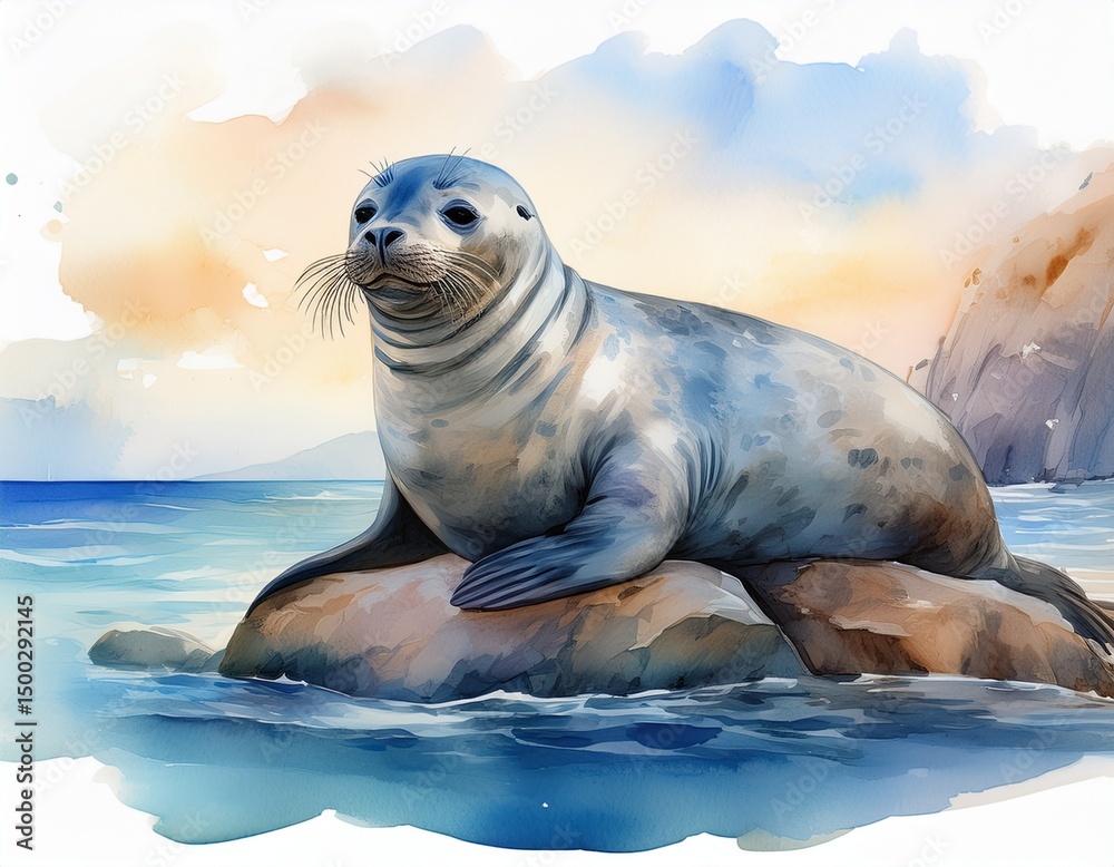 Obraz premium Robbe am Strand – Aquarell in ruhigen Pastelltönen