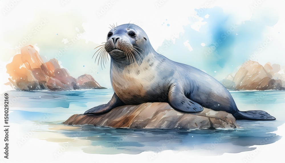 Obraz premium Robbe am Strand – Aquarell in ruhigen Pastelltönen