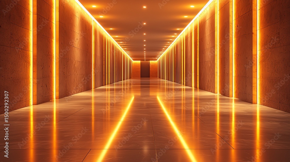 Illuminated corridor with amber lighting, polished floor reflecting light lines. Long perspective Illuminated corridor with amber lighting, polished floor reflecting light lines. Long perspective