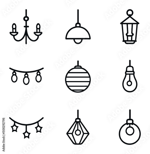 Decorative Fixture Icons. Outline icon set of decorative fixtures: chandelier, pendant light, lantern, string lights, paper