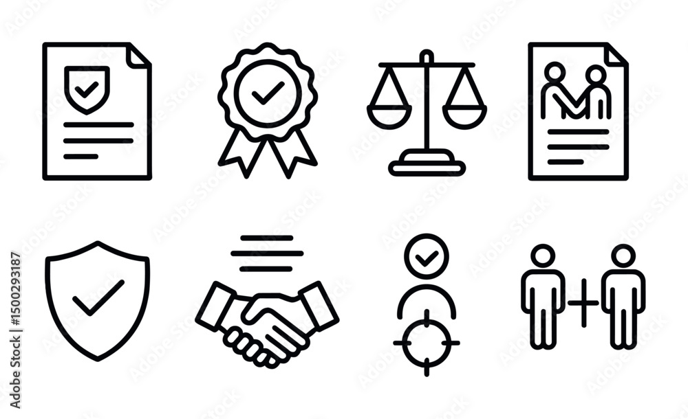 Legal and compliance line icons set – outline, contract, law and agreement symbols
