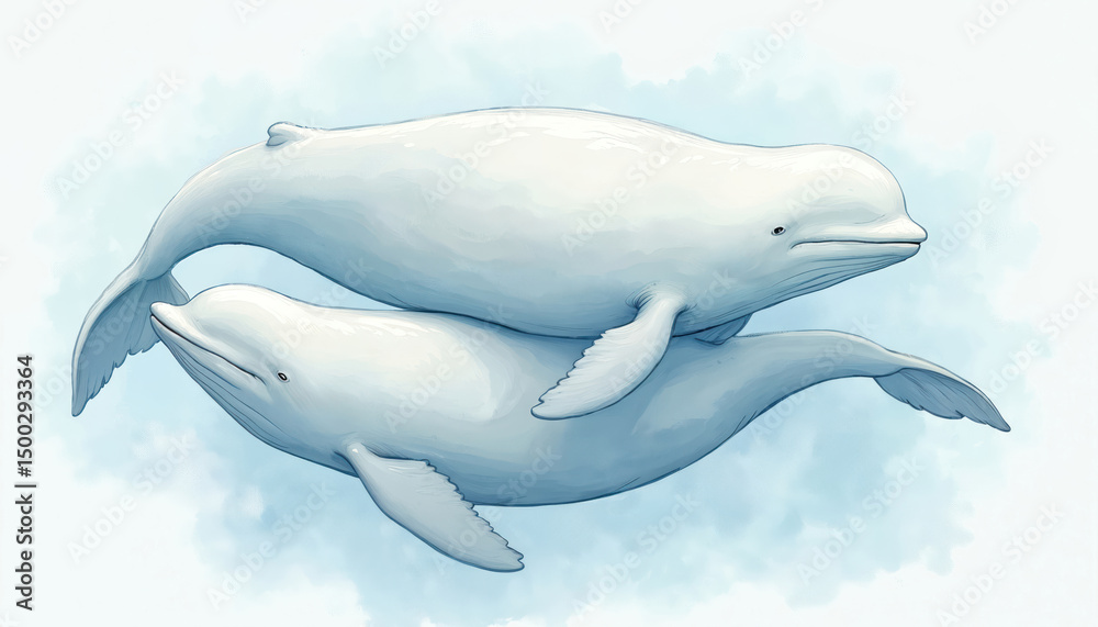 Fototapeta premium Artistic illustration featuring two beluga whales swim. Peaceful aquatic scene in serene ocean setting. Gentle nature theme, ocean life, whale lovers, water species, marine, animal, environmental