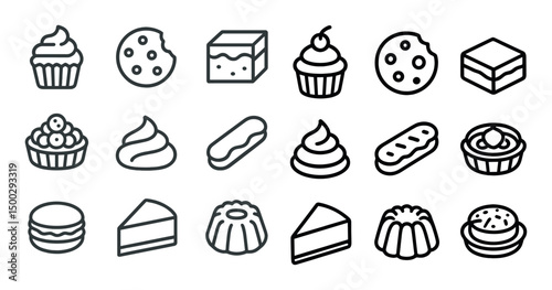 Dessert and bakery icons set – outline, linear, sweets and pastry graphics