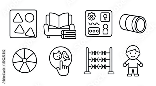 Educational and learning outline icons set – solid, filled, teaching tools