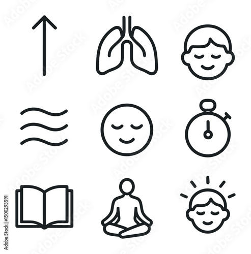 Deep Breathing Icons. Outline icon set of deep breathing exercises: inhalation arrow, exhalation arrow, lung icon, breath waves,