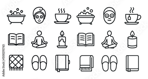 Relaxation and wellness icons set – outline, linear, spa and self-care symbols