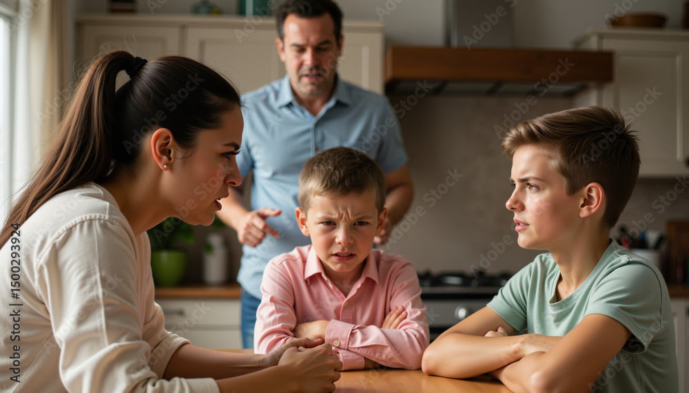 Mother with children discussing serious matter, tense expressions, emotional family confrontation at home Mother with children discussing serious matter, tense expressions, emotional family confrontation at home