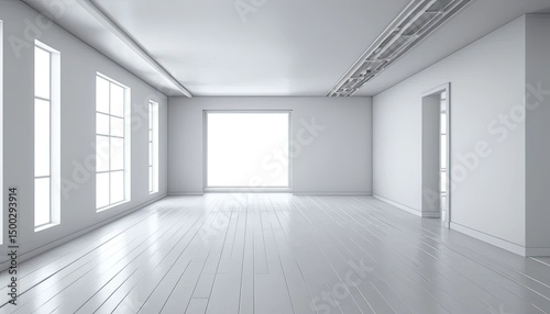 Empty Modern Room Interior Design: Minimalist White Space with Large Windows