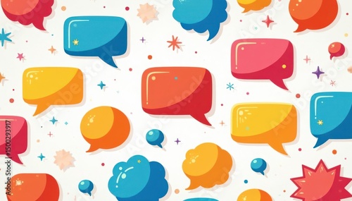 Seamless vector pattern of colorful speech bubbles on white background, communication, minimalist, geometric