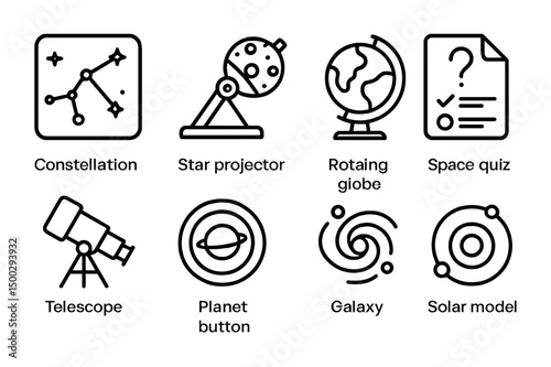 Astronomy and space icons set – outline, linear, celestial exploration symbols